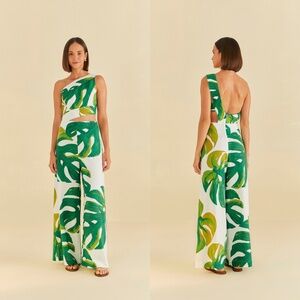Farm Rio White Monstera One Shoulder Jumpsuit